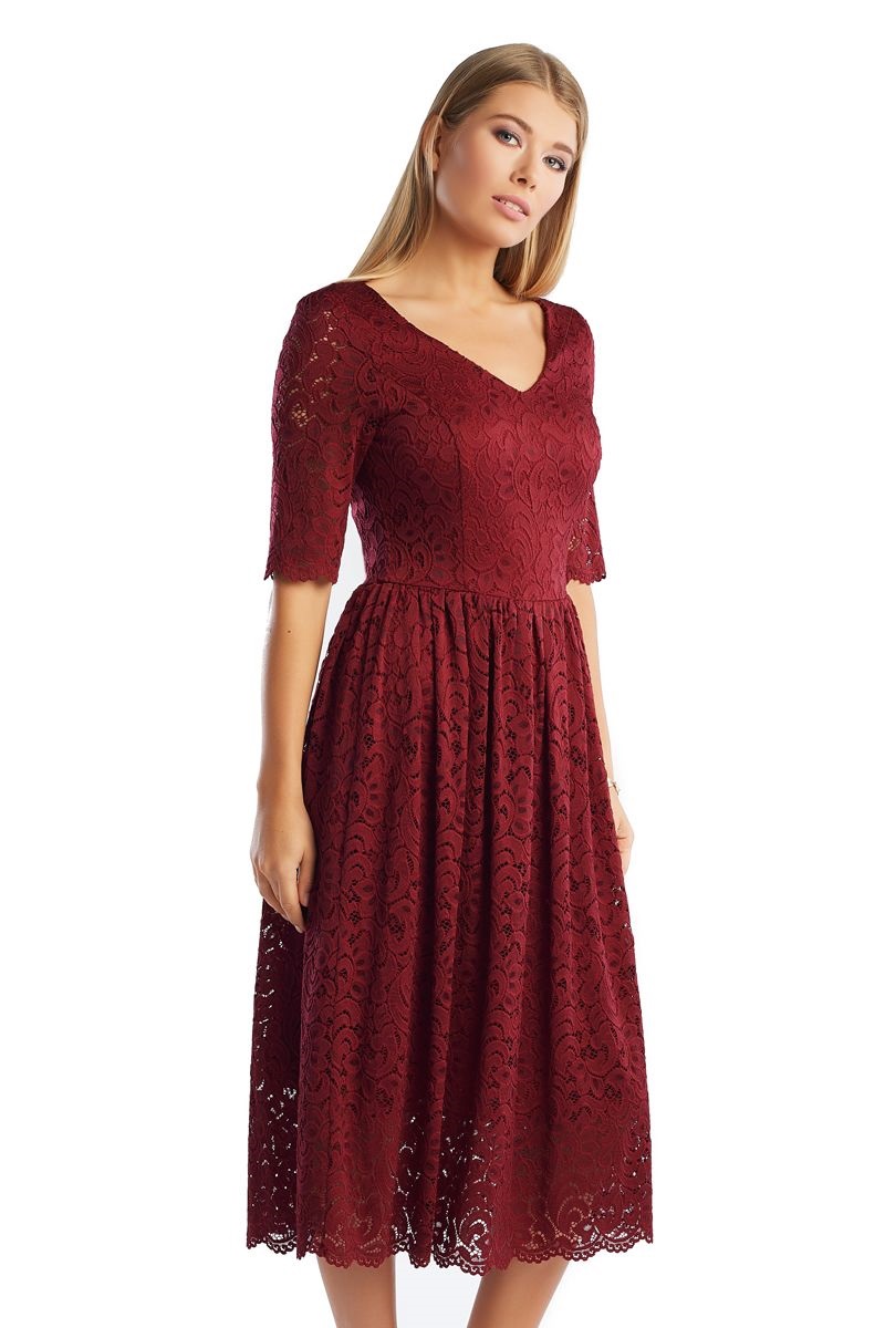 Бордовое гипюровое платье Lala Style 1357