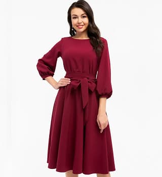 Бордовое платье с поясом 23018  